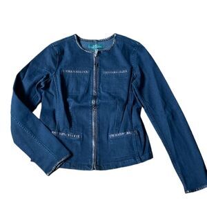 Ralph Lauren LRL Full Zip Denim Jacket Sz 4 Dark Wash Blue Leather Trim NWOT